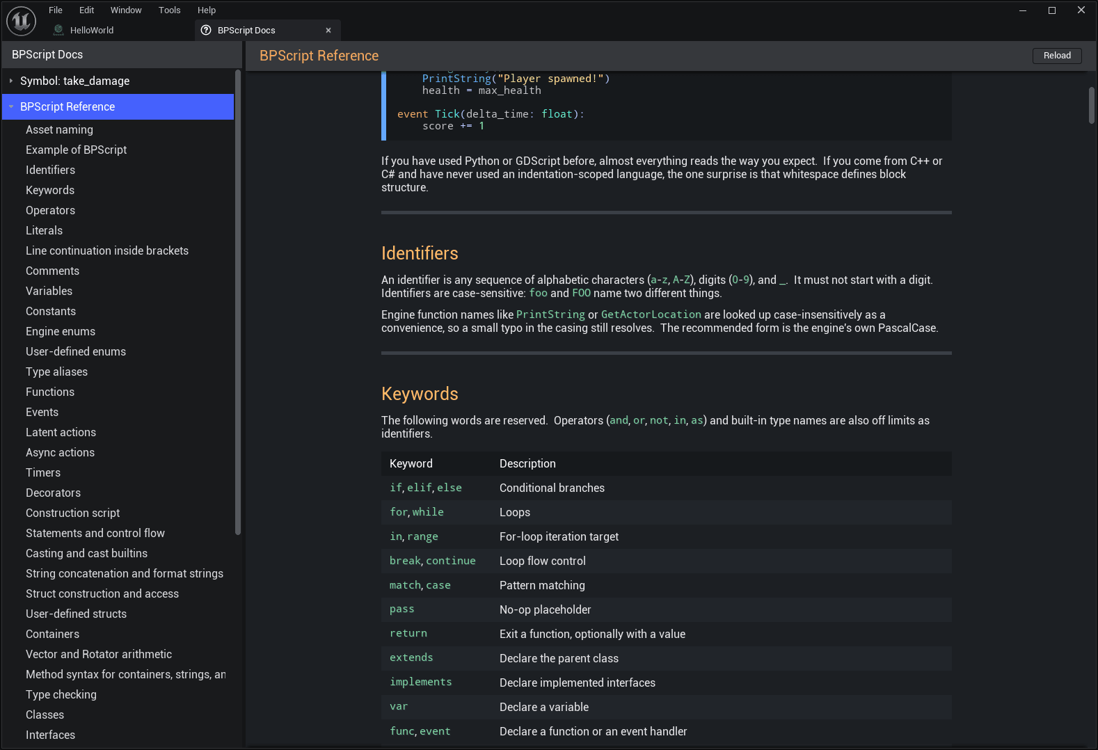 The language reference rendered in the in-editor docs viewer