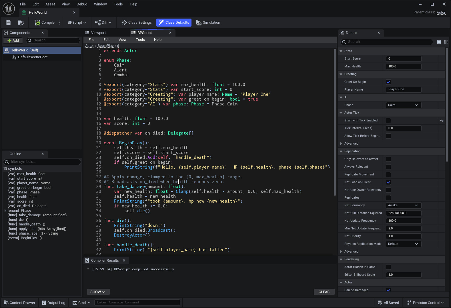 A BPScript class in the code editor