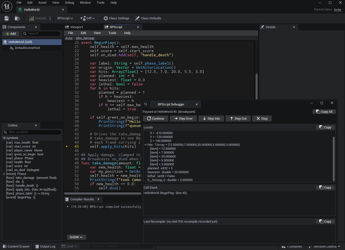 The debugger stopped at a breakpoint, showing the locals tree, call stack and step controls