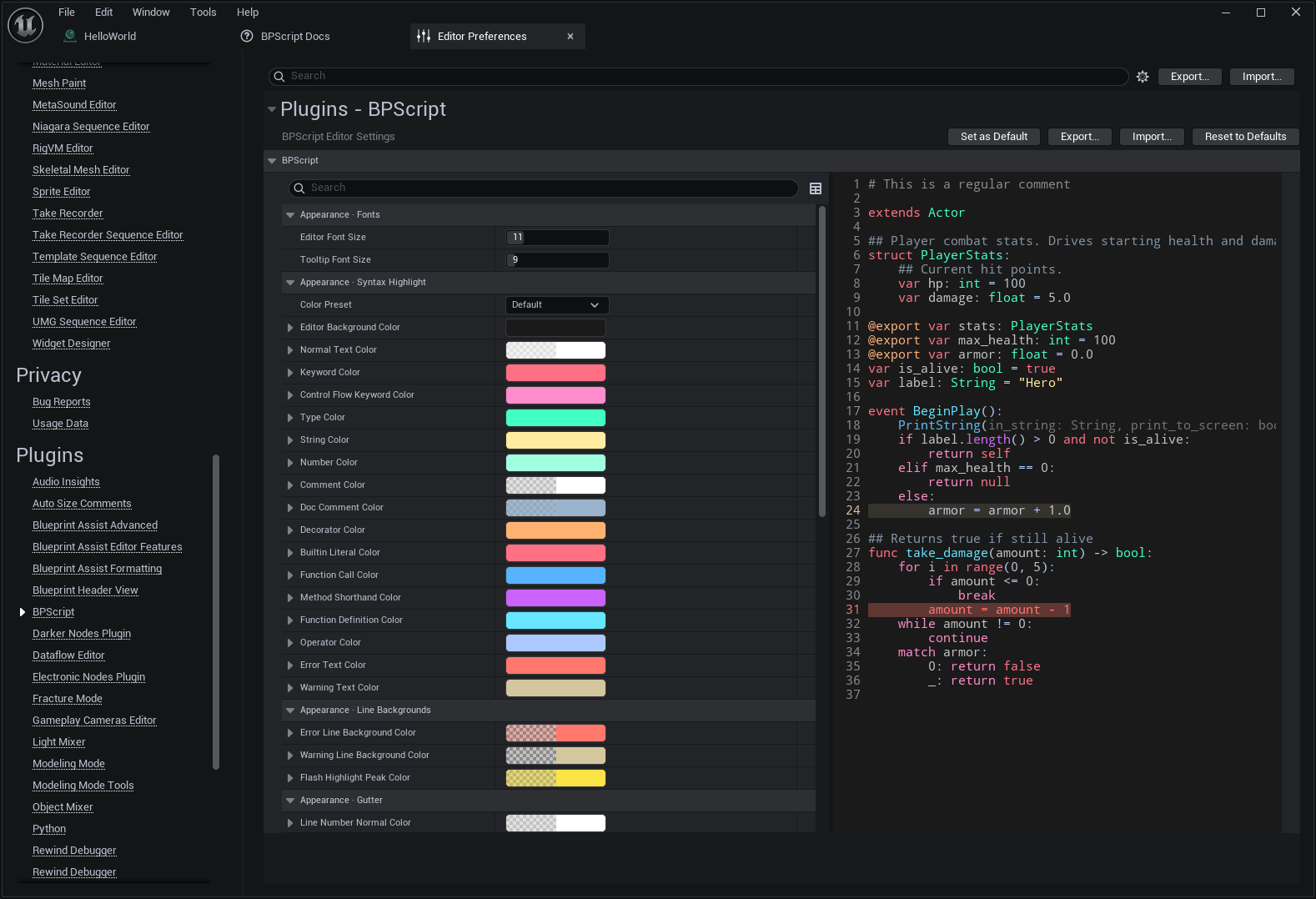 The BPScript editor preferences page